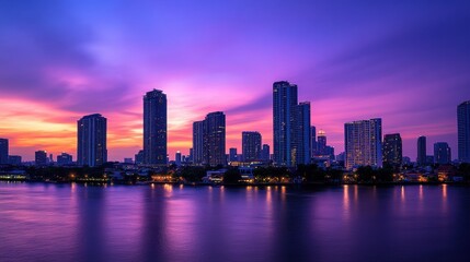 A vibrant city skyline at sunset reflecting on water with towering buildings and colorful skies.