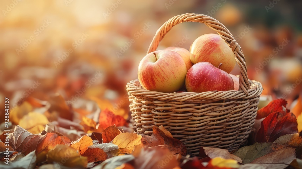 Sticker Autumn, autumn apples in basket on background with copy space. The generation of AI