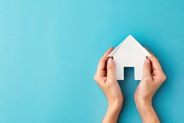 Creative hands holding a paper house against a vibrant blue backdrop, symbolizing the concept of home and security