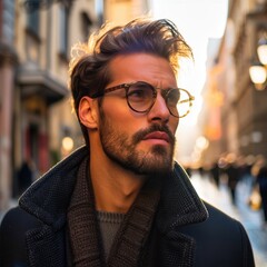 Fototapeta premium Stylish man walking through an elegant city street during golden hour with retro sunglasses