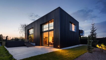 Obraz premium Modern Black House with Metal Siding and Large Windows at Dusk