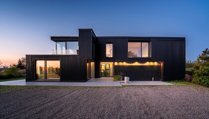 Obraz premium Modern Black House with Metal Siding and Large Windows at Dusk