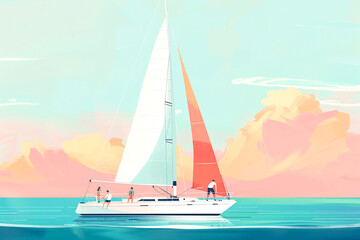 Naklejka premium Illustration of a sailboat with people sailing on calm waters under a pastel-colored sky.