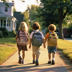 Three children joyfully walk together down a sunlit suburban sidewalk on a warm afternoon