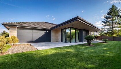 Fototapeta premium Modern Home with Large Glass Windows and Back Yard