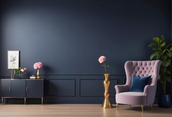 A modern living room with a dark blue accent wall, a tufted blue sofa, a gold floor lamp, and a decorative vase with pink flowers on a wooden side table.