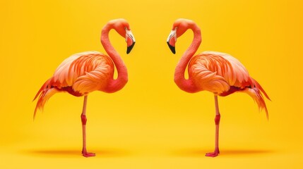 Obraz premium Two vibrant flamingos gracefully posing against a warm yellow background in bright daylight