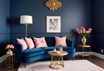 A modern living room with a dark blue accent wall, a tufted blue sofa, a gold floor lamp, and a decorative vase with pink flowers on a wooden side table.