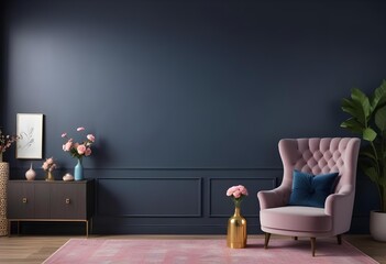 A modern living room with a dark blue accent wall, a tufted blue sofa, a gold floor lamp, and a decorative vase with pink flowers on a wooden side table.