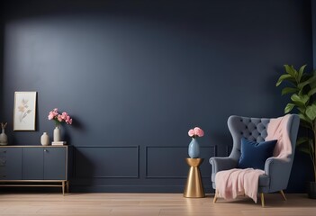 A modern living room with a dark blue accent wall, a tufted blue sofa, a gold floor lamp, and a decorative vase with pink flowers on a wooden side table.