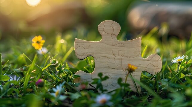 Wooden puzzle piece nestled in lush green grass with small yellow flowers bathed in warm sunlight Nature connection concept Outdoor scene Jigsaw symbolism