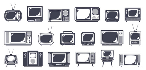 Retro tv silhouettes. Black and white icons, vintage televisions, media equipment, worldwide video broadcasting elements, logotype design, nostalgia label or emblem, nowaday vector isolated set