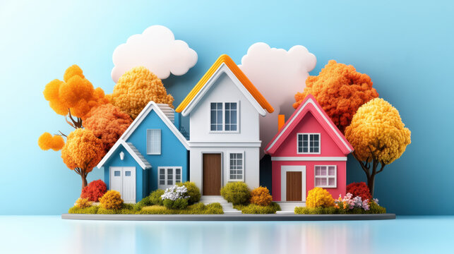 Miniature models of colorful houses surrounded by vibrant autumn trees, symbolizing neighborhood, community, and seasonal change.