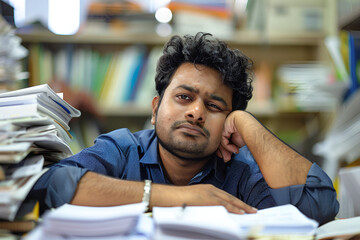 Frustrated Man Overwhelmed with Paperwork at Office Desk
