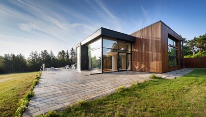 Obraz premium Modern House with Large Windows and Wooden Siding