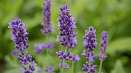 Fototapeta premium Closeup of purple lavender flowers in bloom against blurred green background Aromatic herb garden Floral beauty Natural remedy ingredient Fragrant plant