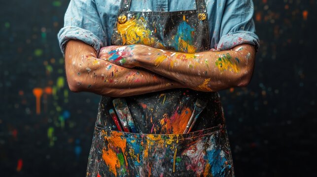 An artist with a paint-covered apron and crossed arms embodies the spirit of creativity and hard work. Ideal for projects related to art, creativity, and DIY concepts.