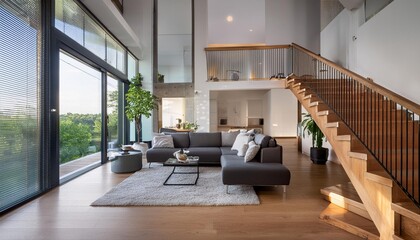 Modern Interior Design with Staircase, Living Room, and Large Windows