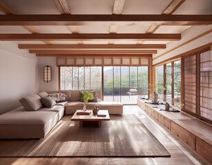 Modern Japanese Home Interior Design with Wooden Beams and Loft