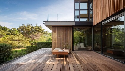 Obraz premium Modern Japanese House with Wooden Deck and Glass Walls