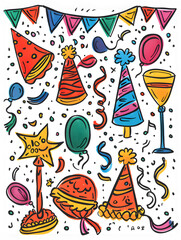 New Year and Christmas card, graphic advertising backgrounds in a doodle 2D illustrator style.