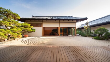 Fototapeta premium Modern Japanese Style Home with Wooden Deck and Sand Garden