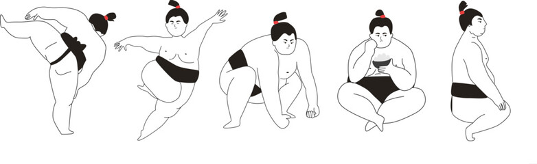 Sumo wrestler character in variety poses and emotions. Sport person, workout, fight, eating, dancing.