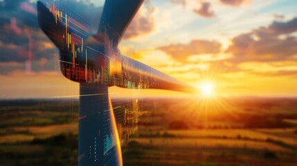 Wind Turbine at Sunset with Digital Data Overlay Representing Renewable Energy and Technology Integration