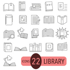 The collection of literature in the library is outlined by a thin line. Library. Textbook icons for learning.