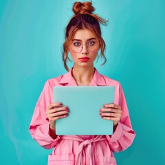 Fototapeta premium A young woman in pastel clothing engages with a teal tablet in a minimalist studio