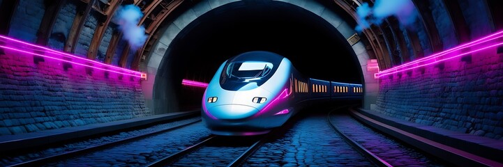 Obraz premium Commuter railway train in a metro tunnel, locomotive on rails with glowing headlights. Electric passenger train drives at high speed among urban landscape.