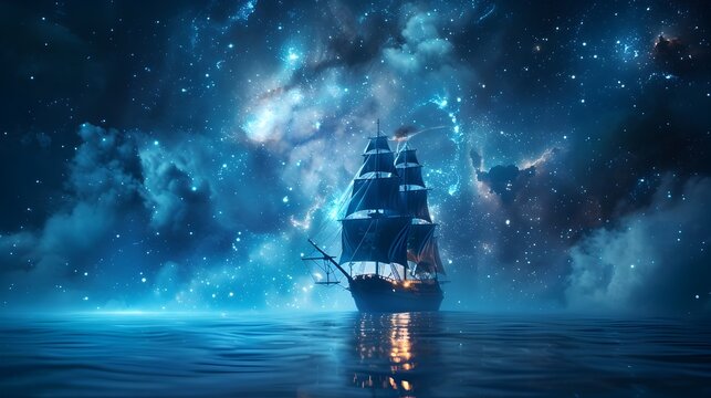 Pirate Ship Sailing Through Starry Cosmic Sea Blending Nautical and Sci Fi Elements - Powered by Adobe
