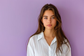 A serene young woman poses gracefully against a soft purple backdrop in bright daylight