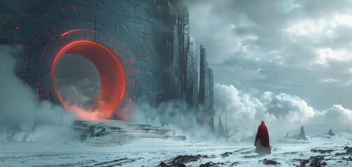 A solitary figure in a red cloak approaches a massive, circular, glowing portal amidst a snowy landscape with industrial structures.