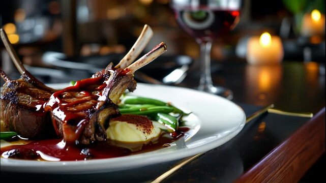 Rack of lamb with red wine sauce, served with mashed potatoes and green beans on an elegant dinner plate