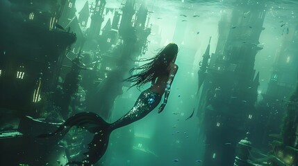 Obraz premium Cybernetic Mermaid Swimming in Futuristic Underwater City