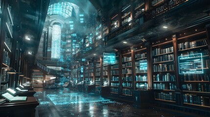 Futuristic Digital Library with Holographic Librarians and Floating Screens