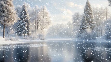 Fototapeta premium Snow falls on a frozen lake in a snowy forest.