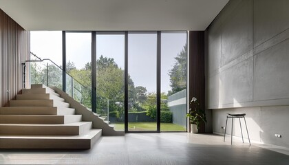 Obraz premium Modern Minimalist Home Interior Design with Concrete Stairs and Large Window