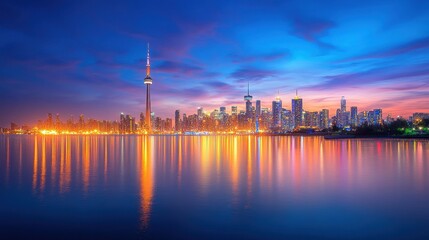 Fototapeta premium City Skyline at Dusk. A stunning city skyline silhouetted against the warm colors of dusk, with lights starting to twinkle.
