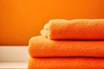Soft and vibrant orange towels stacked neatly on a wooden counter in a bright bathroom setting