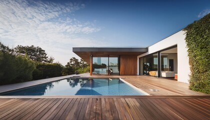 Fototapeta premium Modern Minimalist House with Swimming Pool and Wooden Deck