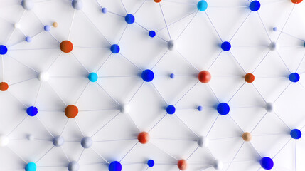3d Social networking colorful nodes background, interconnected by lines to form a grid structure, indicating interconnections and relationships in the social community or business