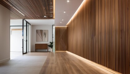 Obraz premium Modern Minimalist Interior Design Hallway With Wooden Wall Panels
