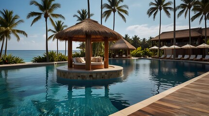 A resort pool with a builtin swimup bar for tropical.generative.ai