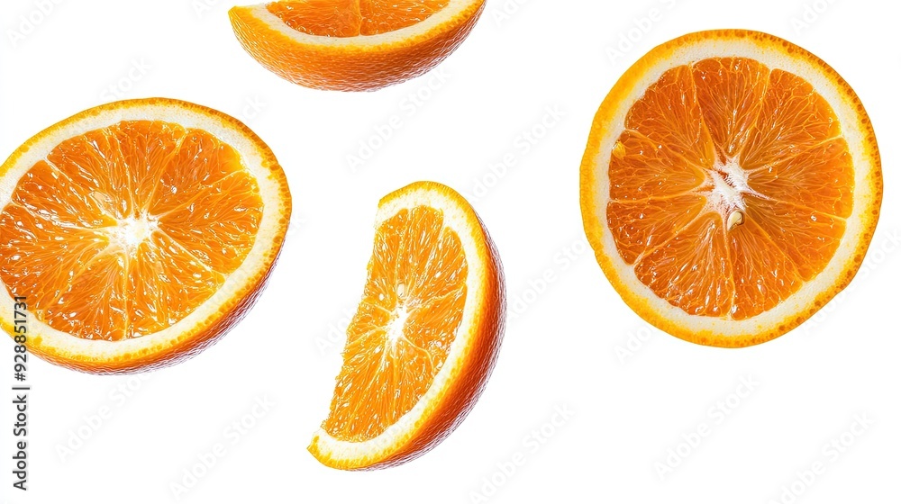 Poster Thin, round slices of a fresh orange, floating in mid-air with vivid details of the juicy flesh and zesty peel, set against a pure white background.