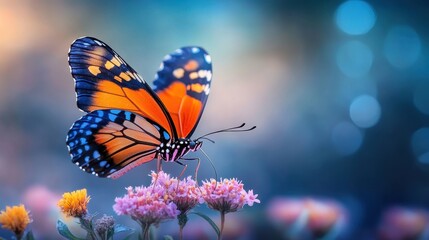 Fototapeta premium Colorful Butterfly on Flowers. A vibrant butterfly perched on colorful flowers, with a soft, blurred background.