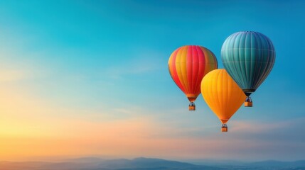 Fototapeta premium Colorful Hot Air Balloons in the Sky. Bright and colorful hot air balloons floating peacefully against a clear blue sky.