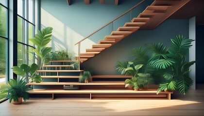 Fototapeta premium Modern Minimalist Interior Design with Green Plants and Wooden Stairs