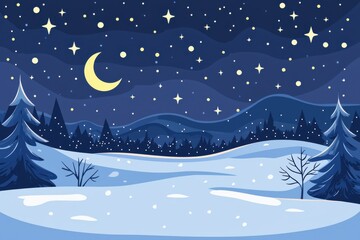 Naklejka premium A serene winter landscape featuring snow-covered hills, dark trees, a crescent moon, and twinkling stars in the night sky.